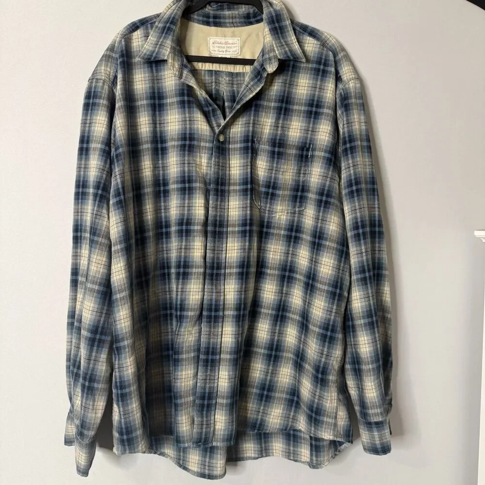 Eddie Bauer Vintage Twill Men Blue Windowpane Cotton Long Sleeve Flannel XL Tall